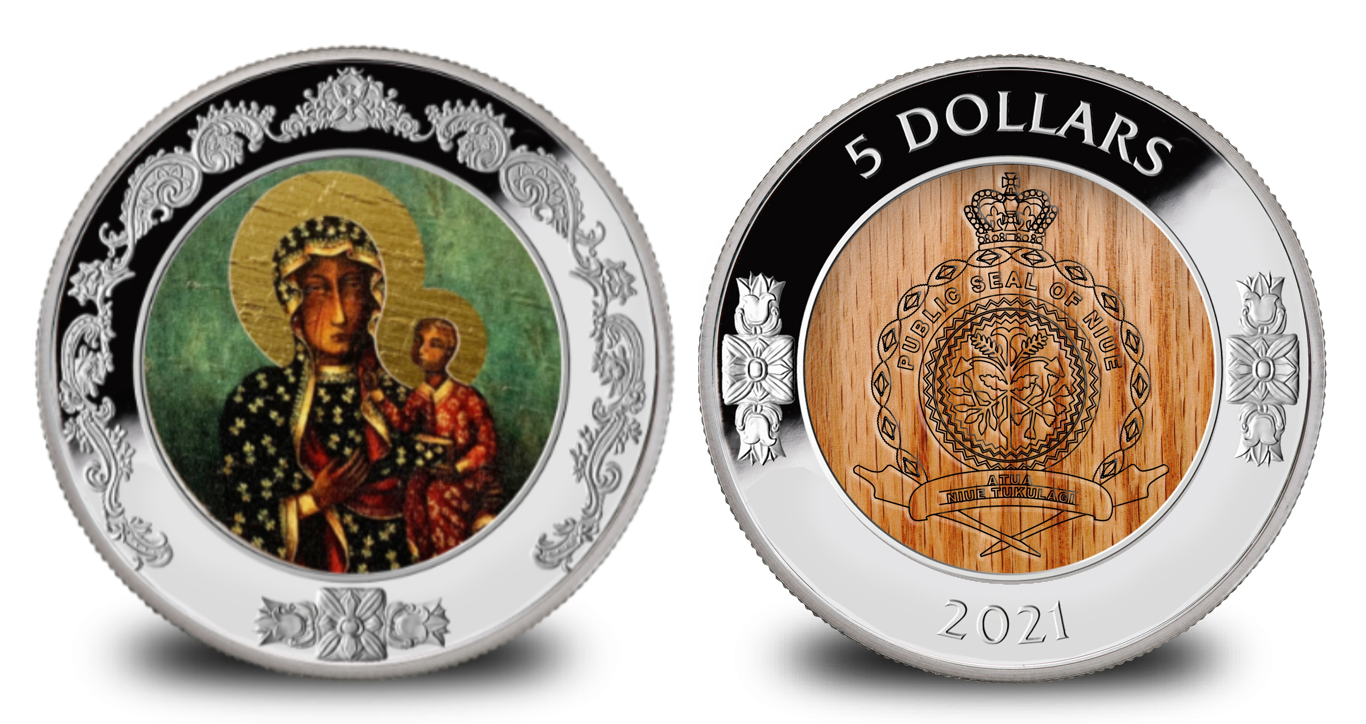 The Black Madonna Silver Coin with Oak Wood The Black Madonna Silver Coin with Oak Wood