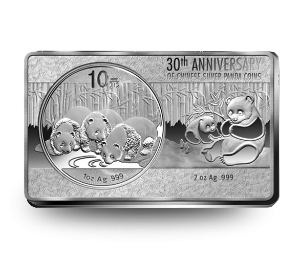  Exquisite 2oz silver bar with a 1oz silver panda coin placed in it.
