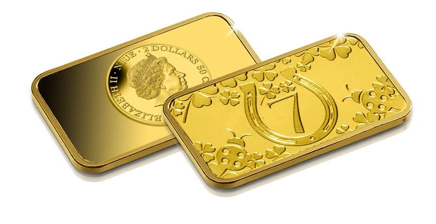 Pure 24 carat gold Lucky Ingot features various lucky symbols such as a four-leaf clover, a horseshoe, a ladybug and lucky number 7.