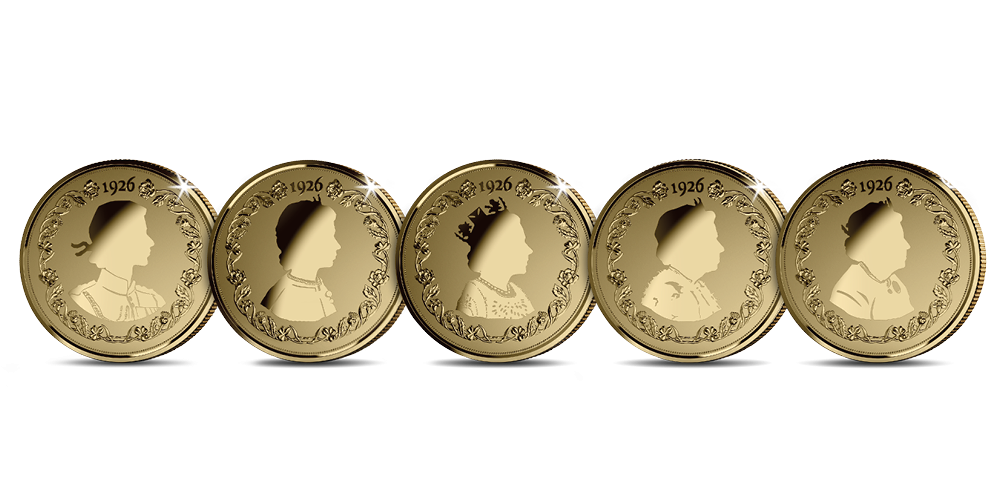 Five silhouette style coins featuring portraits of Her Majesty Queen Elizabeth II