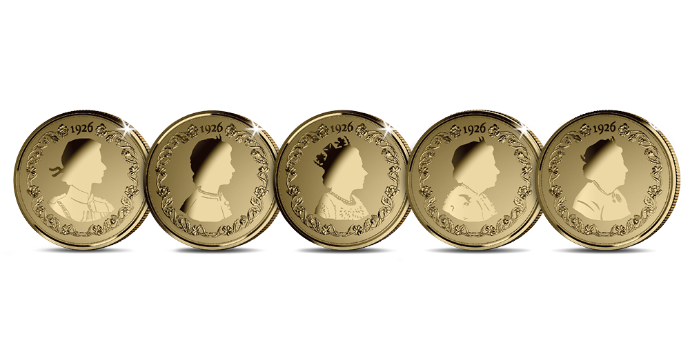 Five silhouette style coins featuring portraits of Her Majesty Queen Elizabeth II Five silhouette style coins featuring portraits of Her Majesty Queen Elizabeth II